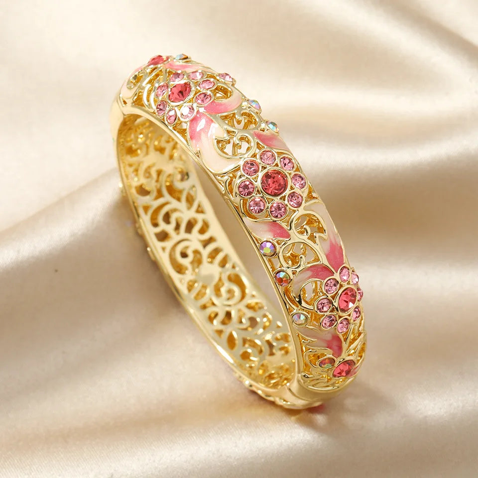 Gold Plated Double-Layer Engraved Flower Hollow Design Bangle