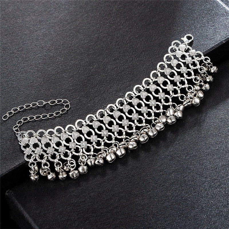 Multilayer Silver Plated Heart Chain Tassel Anklets