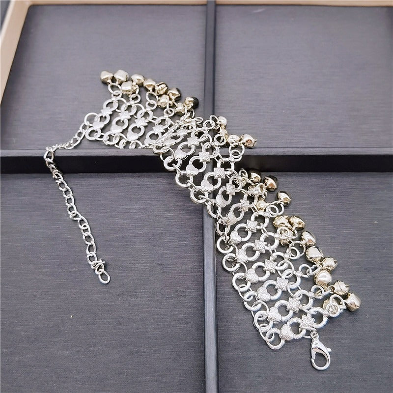Multilayer Silver Plated Heart Chain Tassel Anklets
